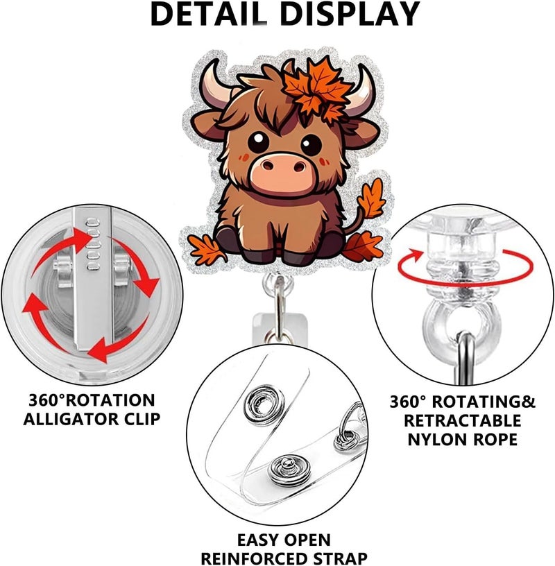 NSSHEL Cow Badge Reel Retractable ID Name Holder Alligator Clip DIY Crafts Halloween Cute Highland Cow Badge Reels Acrylic ID Clip for Nursing Nurse Teacher Student Badge Clip Decor - Image 3